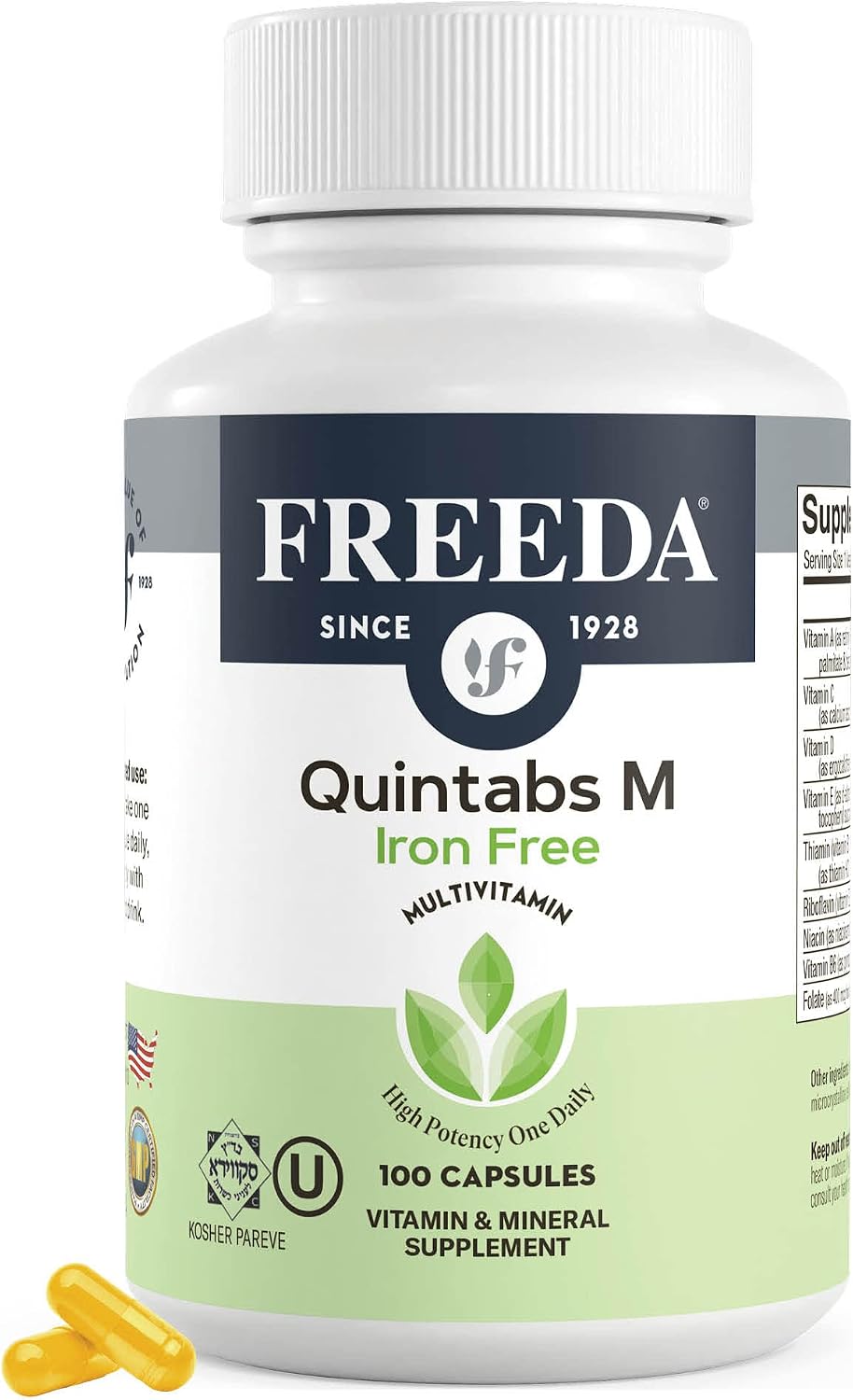 FREEDA One Daily Multivitamin Without Iron - Quintabs-M - 100 Capsules | Iron-Free Multivitamin - Supporting Balanced Nutrition & GLP-1 Health for Men & Women - Complete Daily Vitamins