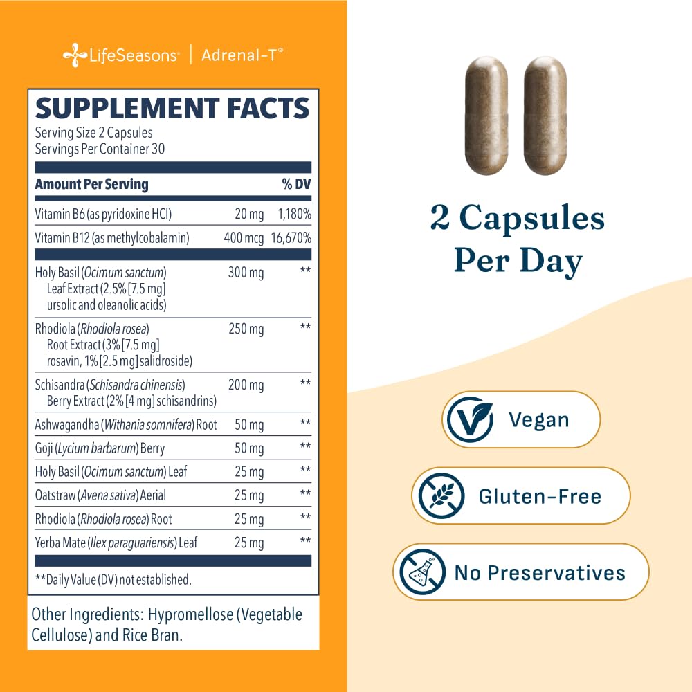 LifeSeasons Adrenal-T - Adrenal Fatigue Support Supplement - Helps Lower Cortisol - Avoid Burnout - Aids Stress Management - Energizing - with Ashwagandha Adaptogens - 60 Capsules