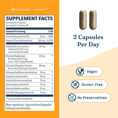 LifeSeasons Adrenal-T - Adrenal Fatigue Support Supplement - Helps Lower Cortisol - Avoid Burnout - Aids Stress Management - Energizing - with Ashwagandha Adaptogens - 60 Capsules