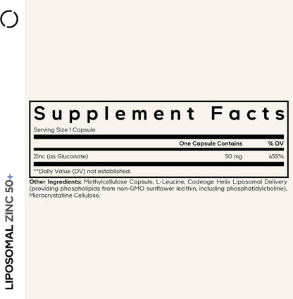 Codeage Liposomal Zinc 50mg, Zinc Gluconate, Vegan, 100 Capsules | Zinc gluconate 50mg, liposomal delivery. One capsule per day. Three-month supply. Vegan, non-GMO.