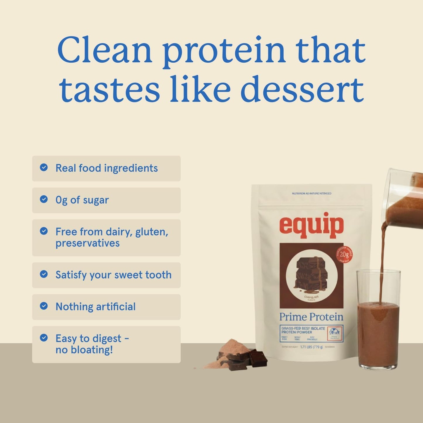 Equip Prime Chocolate Protein Powder - Gut-Friendly, No Sugar Protein Shake Powder with Grass-Fed Beef & Natural Collagen - Rich & Creamy Mix - 21g Per Serving - Whey & Dairy-Free (30 Scoops)