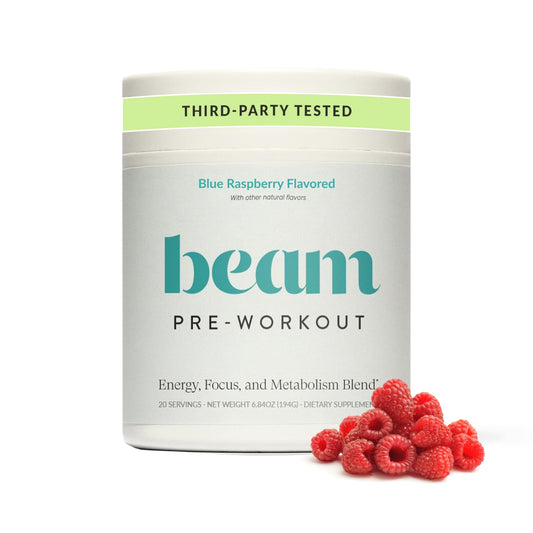BEAM Pre Workout Powder – Pre Workout Supplement with Organic Caffeine, 350 mg Electrolytes & Nootropic Focus Support, No Sugar, Pre Workout for Women & Men, Blue Raspberry Flavor, 20 Servings
