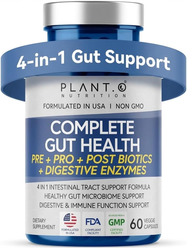 4-in-1 Gut Health Support – Prebiotics + Probiotics + Postbiotics + Digestive Enzymes for Women and Men – DE111 Spore Probiotic for Digestive Support & Bloating – Non-GMO – 60 Veggie Capsules