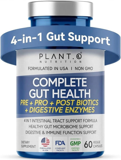 4-in-1 Gut Health Support – Prebiotics + Probiotics + Postbiotics + Digestive Enzymes for Women and Men – DE111 Spore Probiotic for Digestive Support & Bloating – Non-GMO – 60 Veggie Capsules