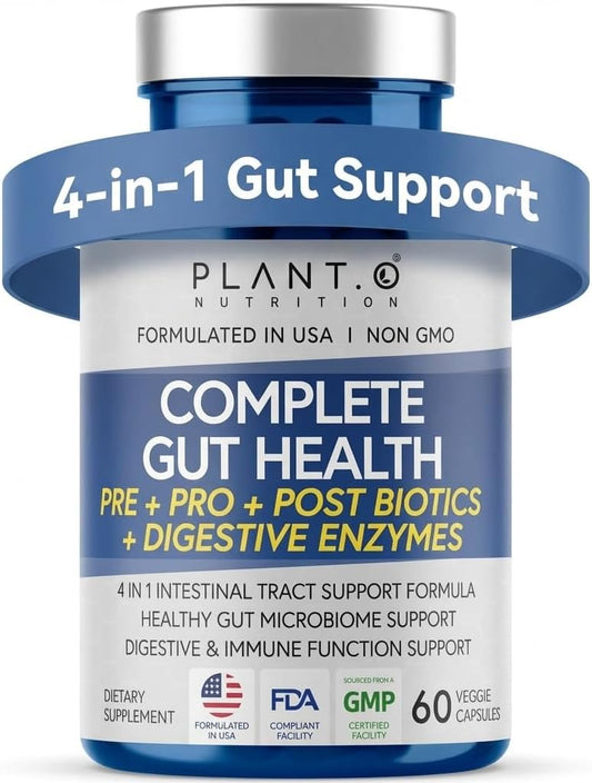 4-in-1 Gut Health Support – Prebiotics + Probiotics + Postbiotics + Digestive Enzymes for Women and Men – DE111 Spore Probiotic for Digestive Support & Bloating – Non-GMO – 60 Veggie Capsules
