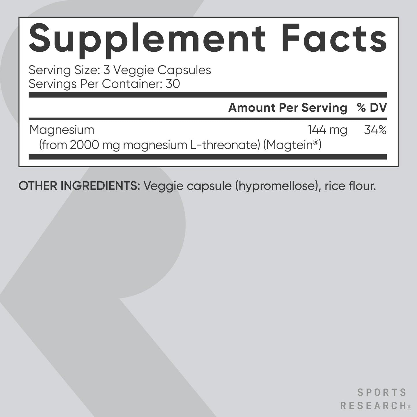Sports Research® Magnesium L-Threonate Capsules 2000mg - High-Absorption Magtein® for Enhanced Brain Health, Memory, Focus & Restful Sleep Support - Vegan · Non-GMO · Gluten Free - 90 Count