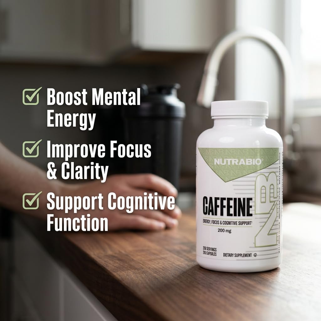 NutraBio 100% Pure Caffeine Capsules (250 Capsules)