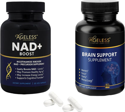 Ageless NAD+ & Brain Support – Nicotinamide Riboside 300mg & Nootropic Cognitive Supplement for Energy, Focus, Memory & Anti-Aging – for Men & Women – 30 + 60 Capsules