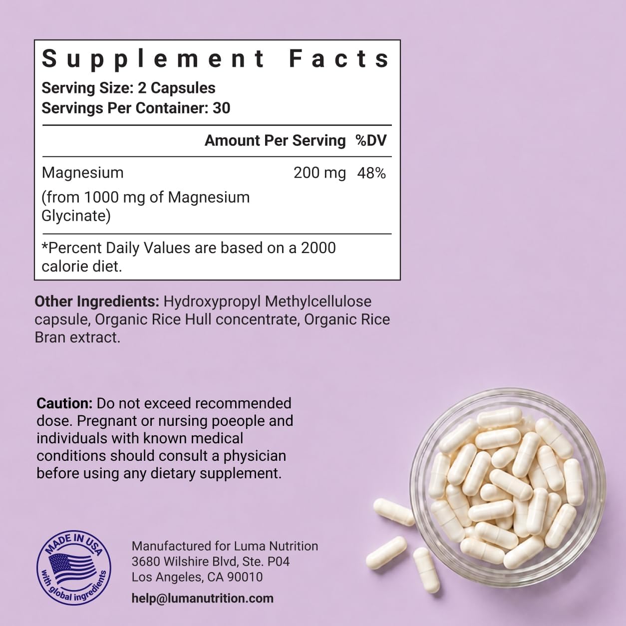 Luma Nutrition Magnesium Glycinate 1000mg Supplement - 60 Capsules