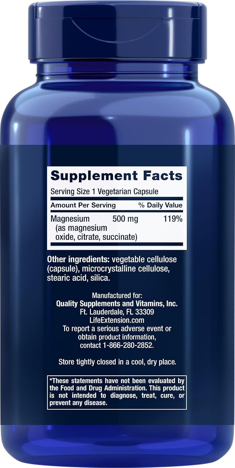Life Extension Magnesium Caps 500mg, 270 Vegetarian Capsules | 3 Forms of Magnesium (Oxide, Citrate, Succinate). Non-GMO, Gluten Free, Vegetarian.
