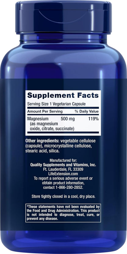 Life Extension Magnesium Caps 500mg, 270 Vegetarian Capsules | 3 Forms of Magnesium (Oxide, Citrate, Succinate). Non-GMO, Gluten Free, Vegetarian.