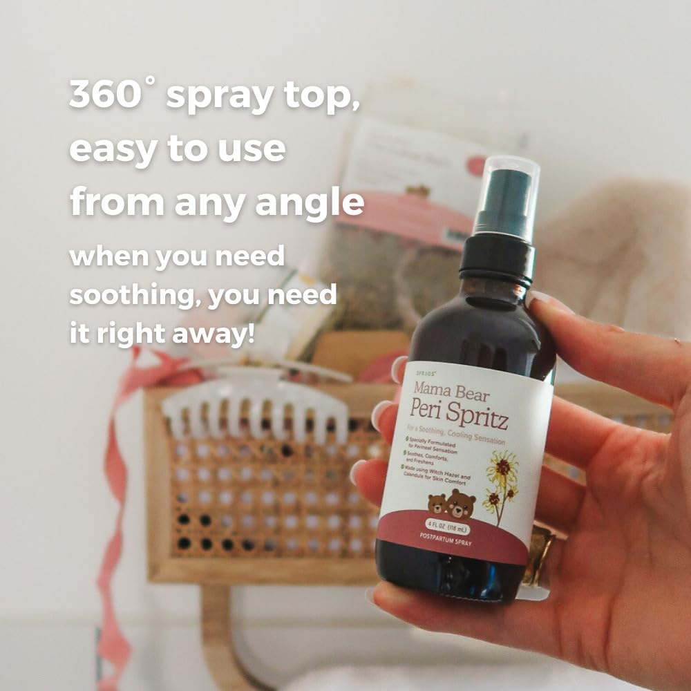 SPRIGS Peri Spritz, 4 Fl Oz | Perineal Spray for Postpartum Recovery | A Soothing Natural Herbal Formula with Witch Hazel & Organic Aloe & Comfrey | 360° Bottle Top for Easy Access to the Perineum
