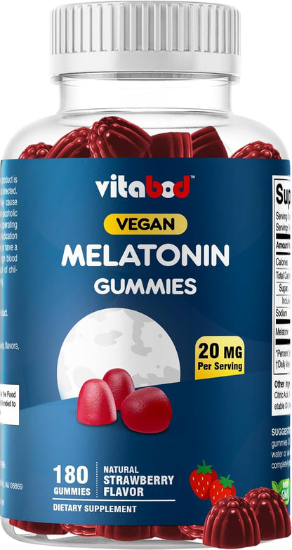 Vitabod Melatonin 20mg Gummies - 180 Count - Drug Free - Natural Strawberry Flavor - Vegetarian, Non-GMO, Gluten Free (1 Bottles)