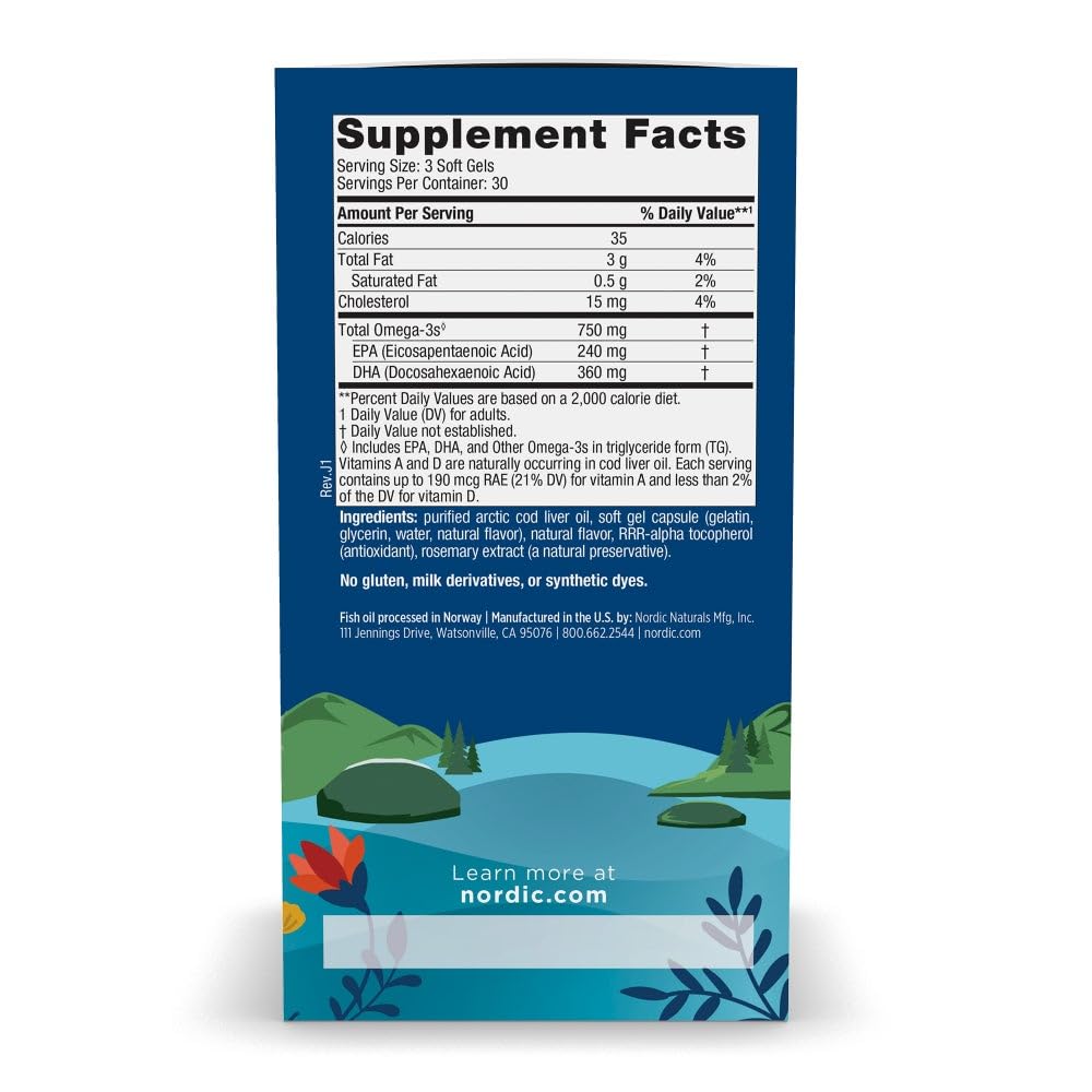 Nordic Naturals Arctic Cod Liver Oil, Lemon - 180 Soft Gels - 750 mg Total Omega-3s with EPA & DHA - Heart & Brain Health, Healthy Immunity, Overall Wellness - Non-GMO - 60 Servings | 750mg Total Omega-3s per serving. Heart & brain health, immunity suppor