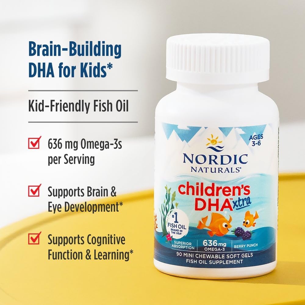 Nordic Naturals Children’s DHA Xtra, Berry Punch - 90 Mini Chewable Soft Gels for Kids - 636 mg Omega-3s EPA & DHA - Cognitive & Immune Function, Learning, Social Development - Non-GMO - 30 Servings | Mini chewable soft gels with delicious berry punch fla