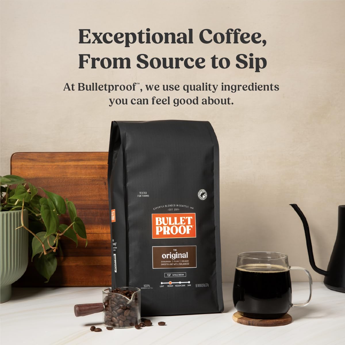 Bulletproof Original Medium Roast Whole Bean Coffee, 12 Ounces, Clean Coffee Tested for Toxins