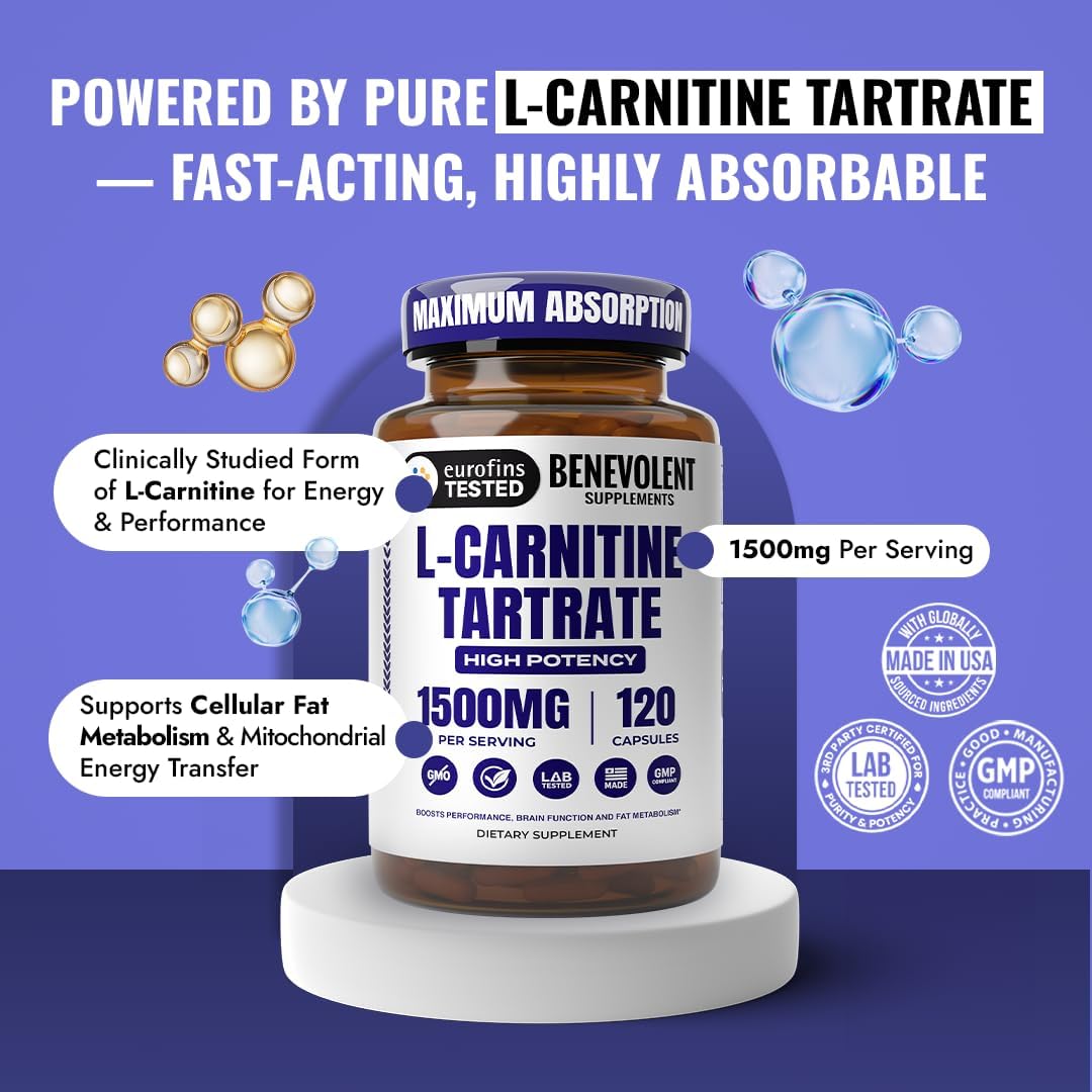 Benevolent L Carnitine Supplement - High Potency 1500mg L-Carnitine Tartrate - Fast Absorbing, Convert Fat to Energy, Support Lean Muscle, Boost Workout Performance & Metabolism – 120 Vegan Capsules