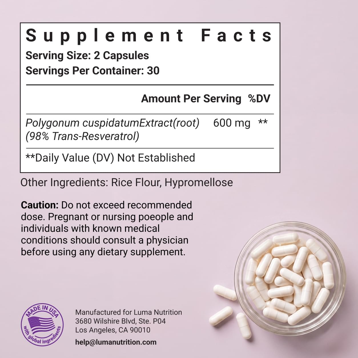 Luma Nutrition Pure Resveratrol Supplement - Antioxidant - 60 Capsules