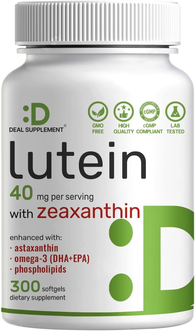 Lutein and Zeaxanthin Supplements, 40mg Per Serving, 300 Softgels – Plus Astaxanthin, Omega-3s, & Phospholipids – Non-GMO