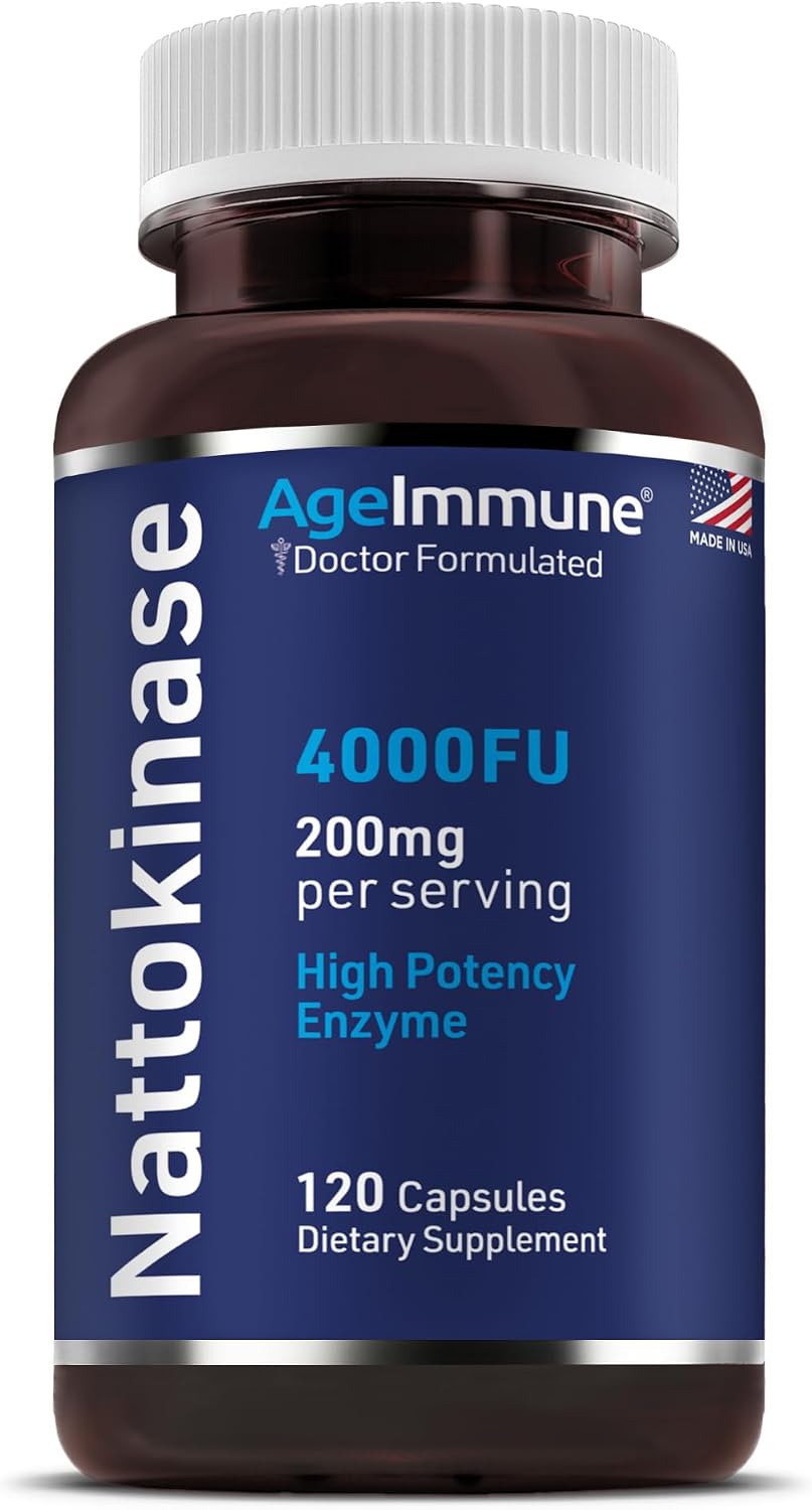 AgeImmune Nattokinase Supplement 4000 FU 200mg - Enzyme - Cardiovascular Support 120 Capsules -Derived from Japanese Natto - Made in The USA Without Magnesium Stearate.