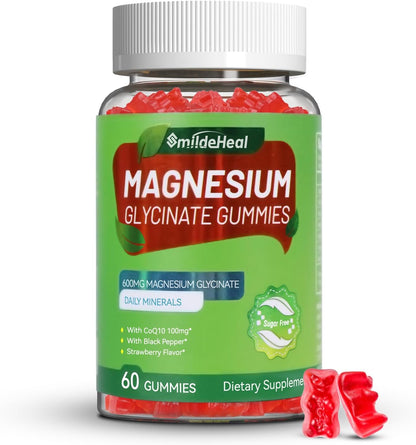 Magnesium Glycinate Gummies 600mg for Women & Men, with Magnesium L-Threonate 300mg, CoQ10 and Black Pepper, Vegan (60 Count)