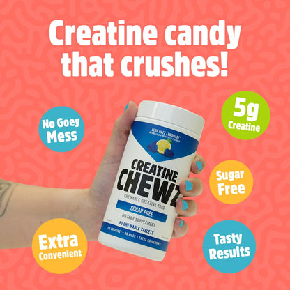 PVL Creatine Chewz – Sugar-Free Chewable Creatine Supplement for On-The-Go Use – 5g Creatine Monohydrate Per Day – Pre Workout & Muscle Recovery Support – 80 Tablets – Mixed Berry