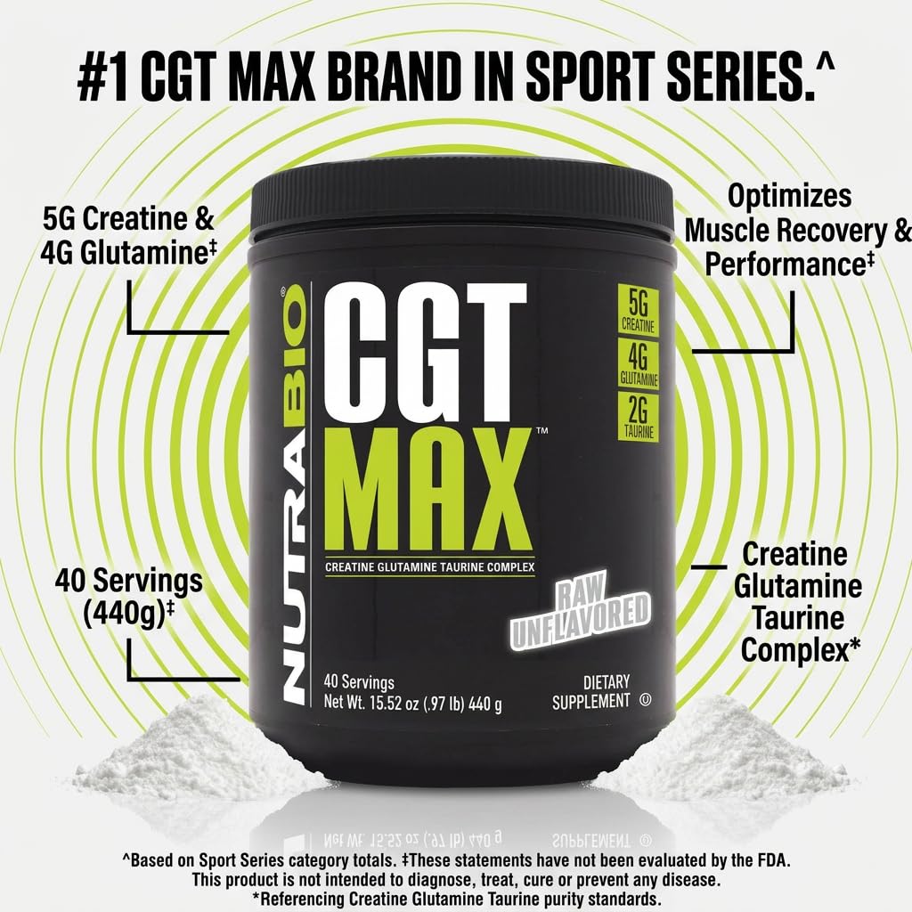 NutraBio CGT-MAX Powder- Creatine, Glutamine and Taurine to Support Muscle Recovery and Strength - 40 Servings - Unflavored