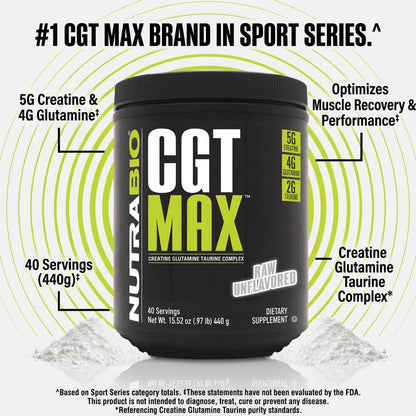 NutraBio CGT-MAX Powder- Creatine, Glutamine and Taurine to Support Muscle Recovery and Strength - 40 Servings - Unflavored