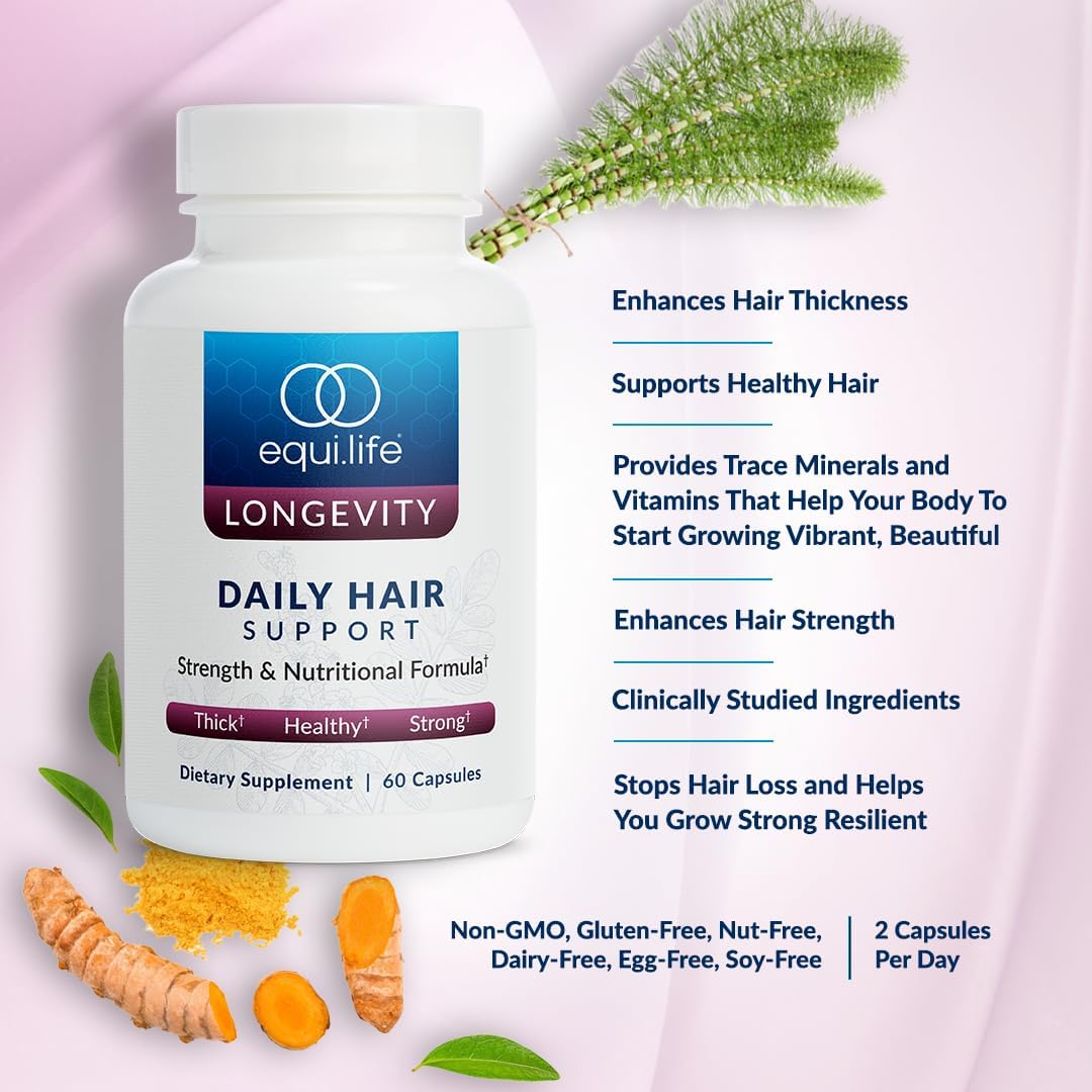 Equilife Daily Hair Support Supplement, Blend with Biotin, 60 Capsules | Ashwagandha, Zinc & Saw Palmetto | Helps Enhance Thickness & Strength | Supports Hair Growth & Repair | Gluten Free | Non-GMO