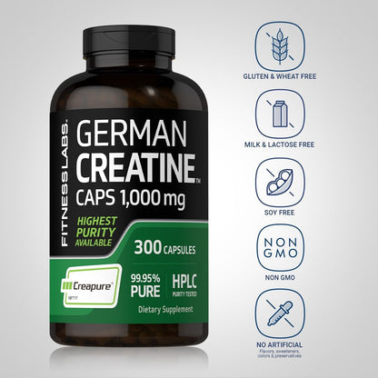 Fitness Labs German Creatine Monohydrate Capsules | 1000mg | 300 Pills | Supplement for Men and Women | Non-GMO, Gluten Free