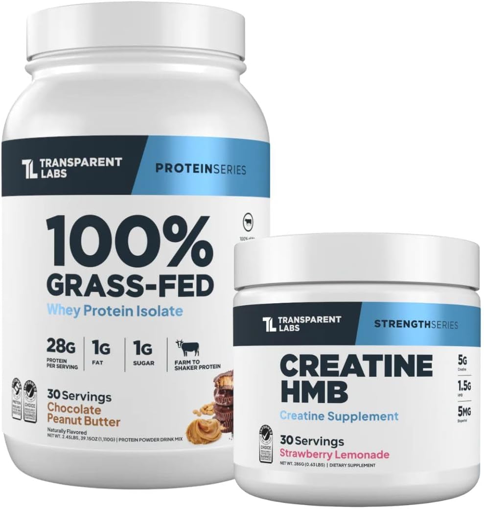 Transparent Labs Grass-Fed Whey Protein Isolate (30 Servings, Chocolate PB) & Creatine HMB (30 Servings, Strawberry Lemonade)