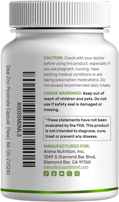 Zinc Picolinate 50mg with Copper & Selenium, 240 Capsules | 3-in-1 High Absorption Mineral Complex | Chelated Zinc Supplement for Immune Support* | 8 Month Supply