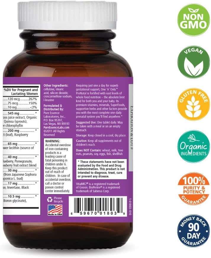 PURE ESSENCE LABS One n Only Prenatal Vitamins - A Once-per-Day Multivitamin Support with Iron, Natural Herbs, Superfoods and Folate - 30 Tablet