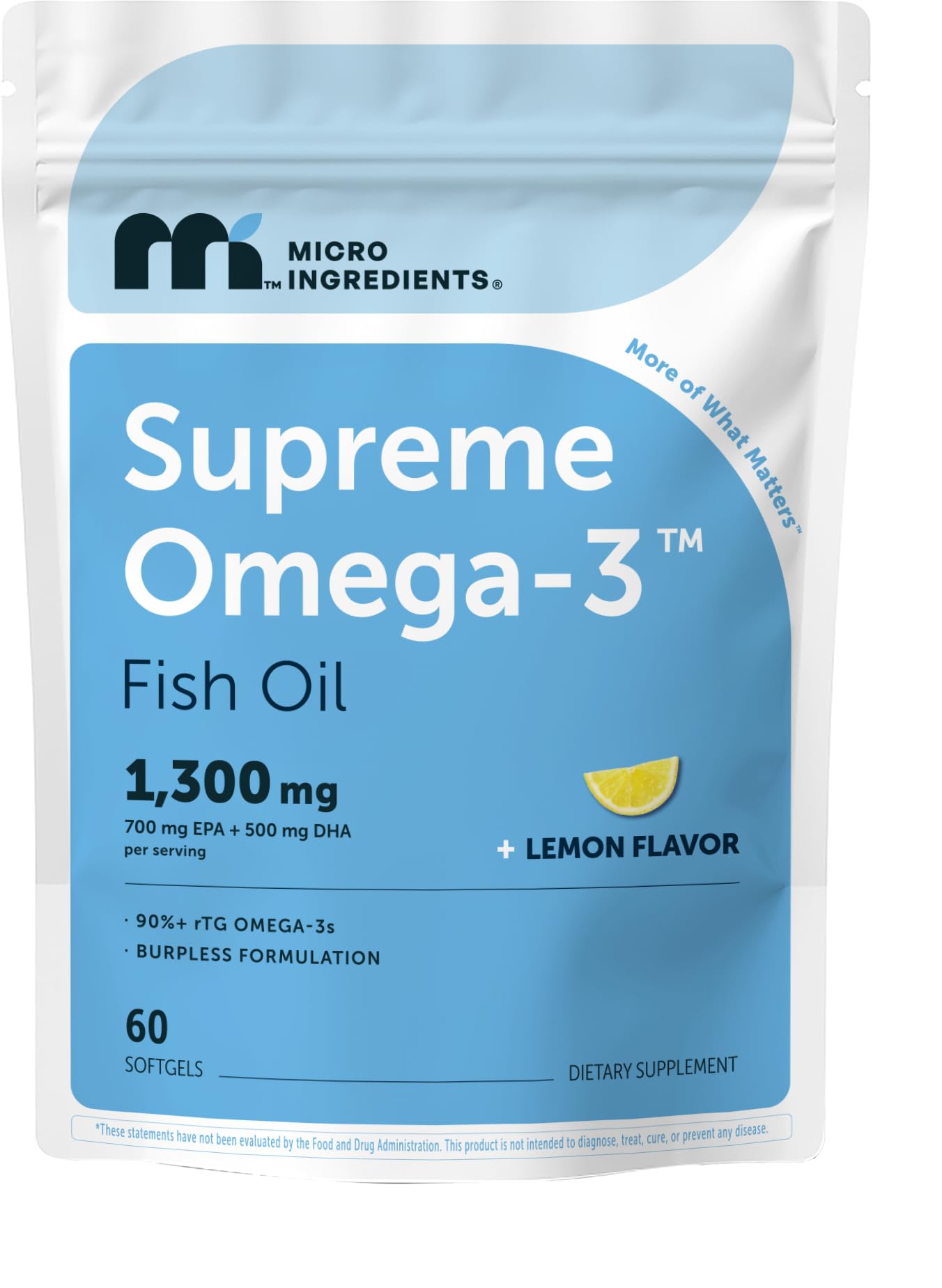 Micro Ingredients Supreme Omega-3 Fish Oil w/Ultra High EPA & DHA, Burpless Softgels | rTG Omega-3 with Vitamin D3 | Wild-Caught Cold Deep-Sea Fish | Lemon Flavor, Easy to Swallow, 60ct