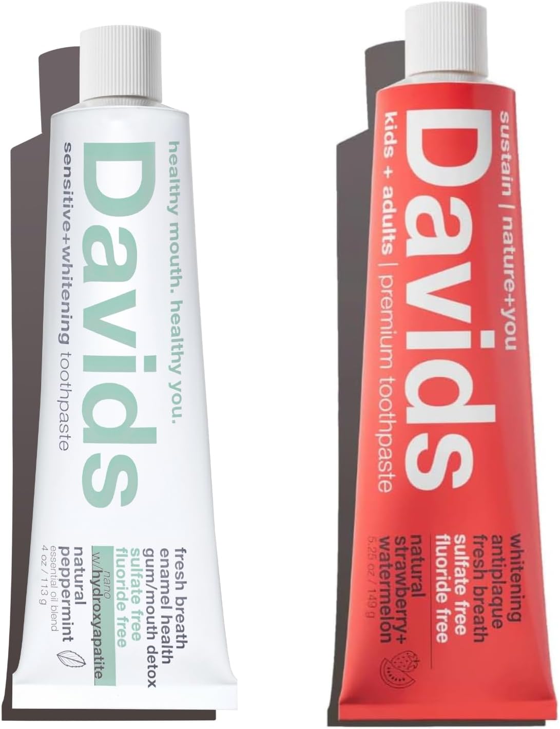 Davids Nano Hydroxi and Antiplaque Strawberry Watermelon Fluoride Free Toothpaste Bundle, SLS Free, Recyclable Metal Tube, Made in USA, 4 oz and 5.25oz