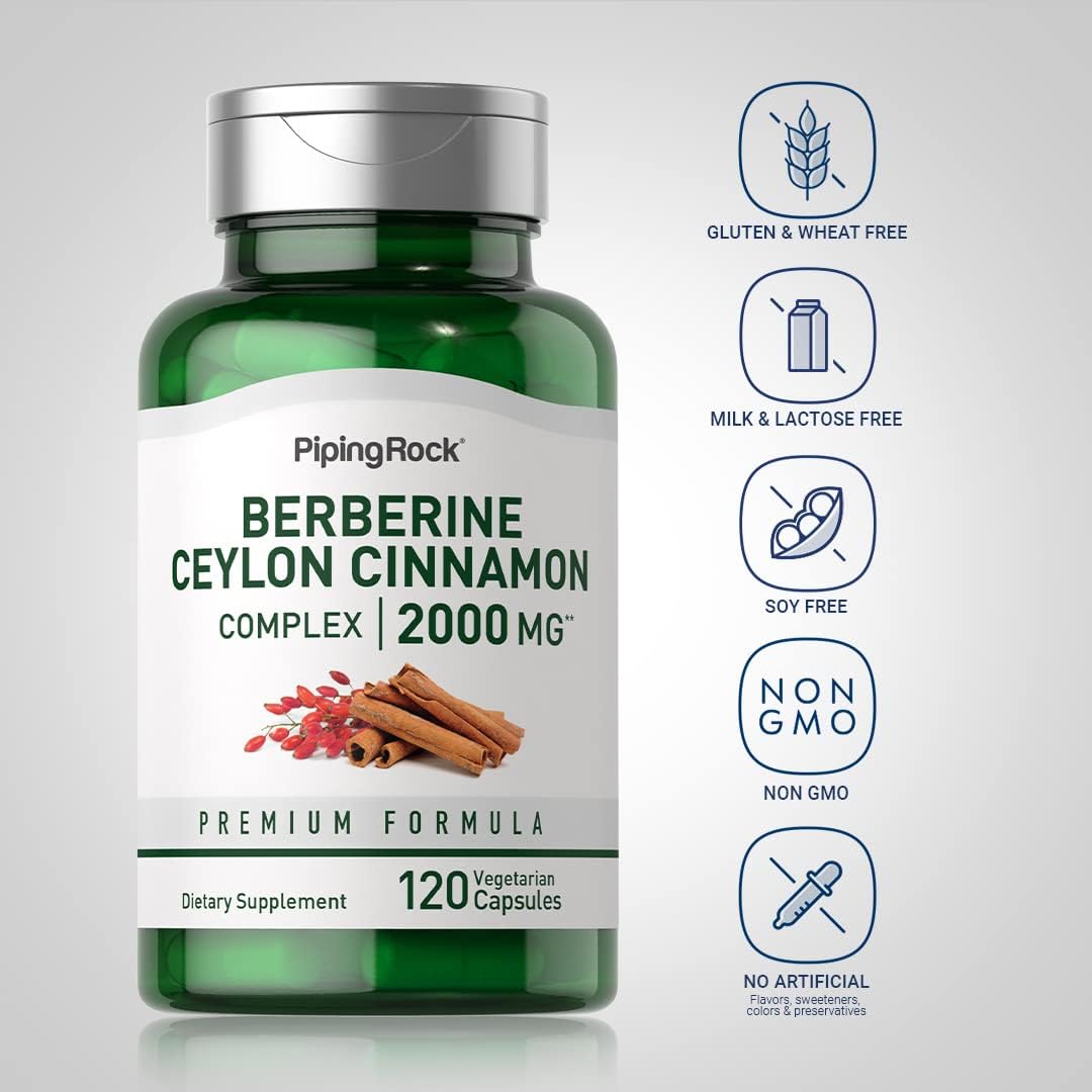 Piping Rock Berberine HCI Ceylon Cinnamon Complex | 120 Capsules | Herbal Extract Supplement | Vegetarian, Non-GMO & Gluten Free Formula