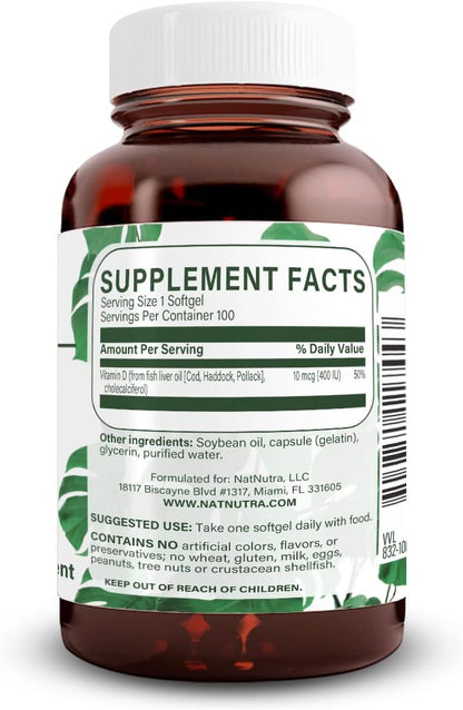 Natural Nutra Vitamin D3 400 IU Softgels, Gluten-Free Vitamin D, 100 Count | Supports Immune Function, Bone & Teeth Support, Cardiovascular Support