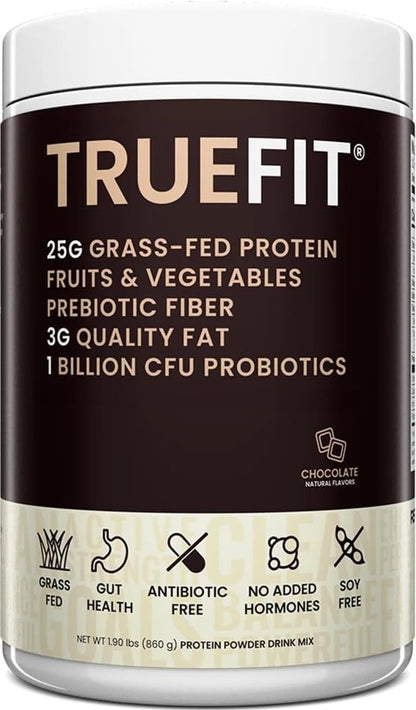 TrueFit Grass-Fed Whey Protein Powder + Fiber & Probiotics, Vanilla Shake | 25g Gut Healthy Protein with Fiber, Probiotics & Non-GMO Superfoods for Complete Meal Replacement Shake with Nothing Fake