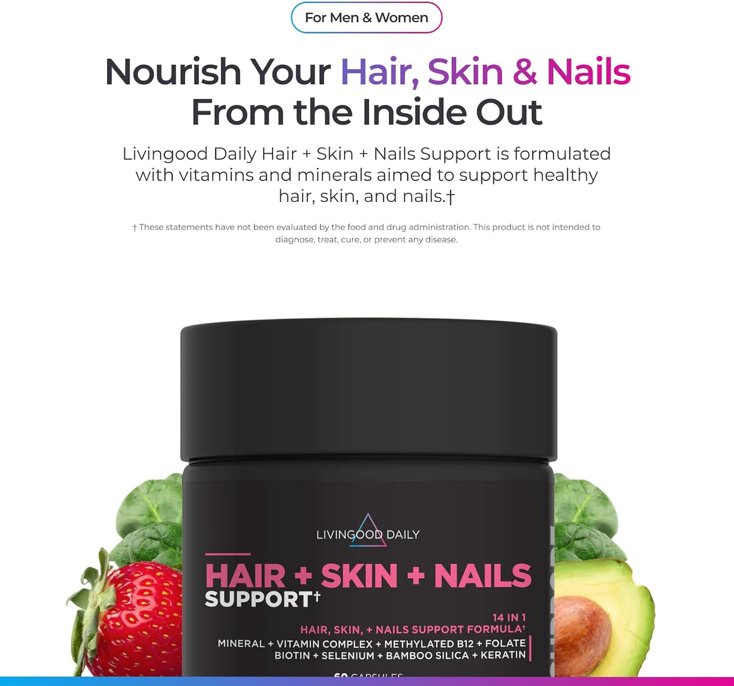 Livingood Daily Hair, Skin & Nails Supplement, 14-in-1 Formula with Biotin, Collagen, Keratin, Bamboo, Selenium, Folate, B12, Zinc and More, Beauty Supplement for Women & Men, Gluten Free, 60 Capsules