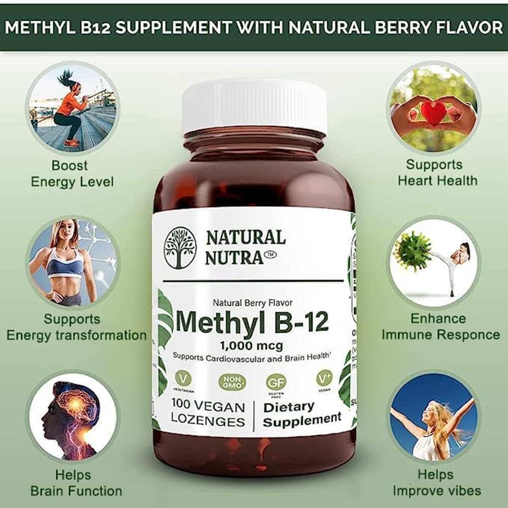 Natural Nutra Vegan Methyl B12 1000mcg, 100 Vegan Lozenges | Supports Cardiovascular & Brain Health, Energy Booster Supplement, Gluten-Free, Enhances Immune Response, Natural Berry Flvr