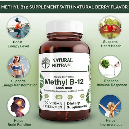 Natural Nutra Vegan Methyl B12 1000mcg, 100 Vegan Lozenges | Supports Cardiovascular & Brain Health, Energy Booster Supplement, Gluten-Free, Enhances Immune Response, Natural Berry Flvr