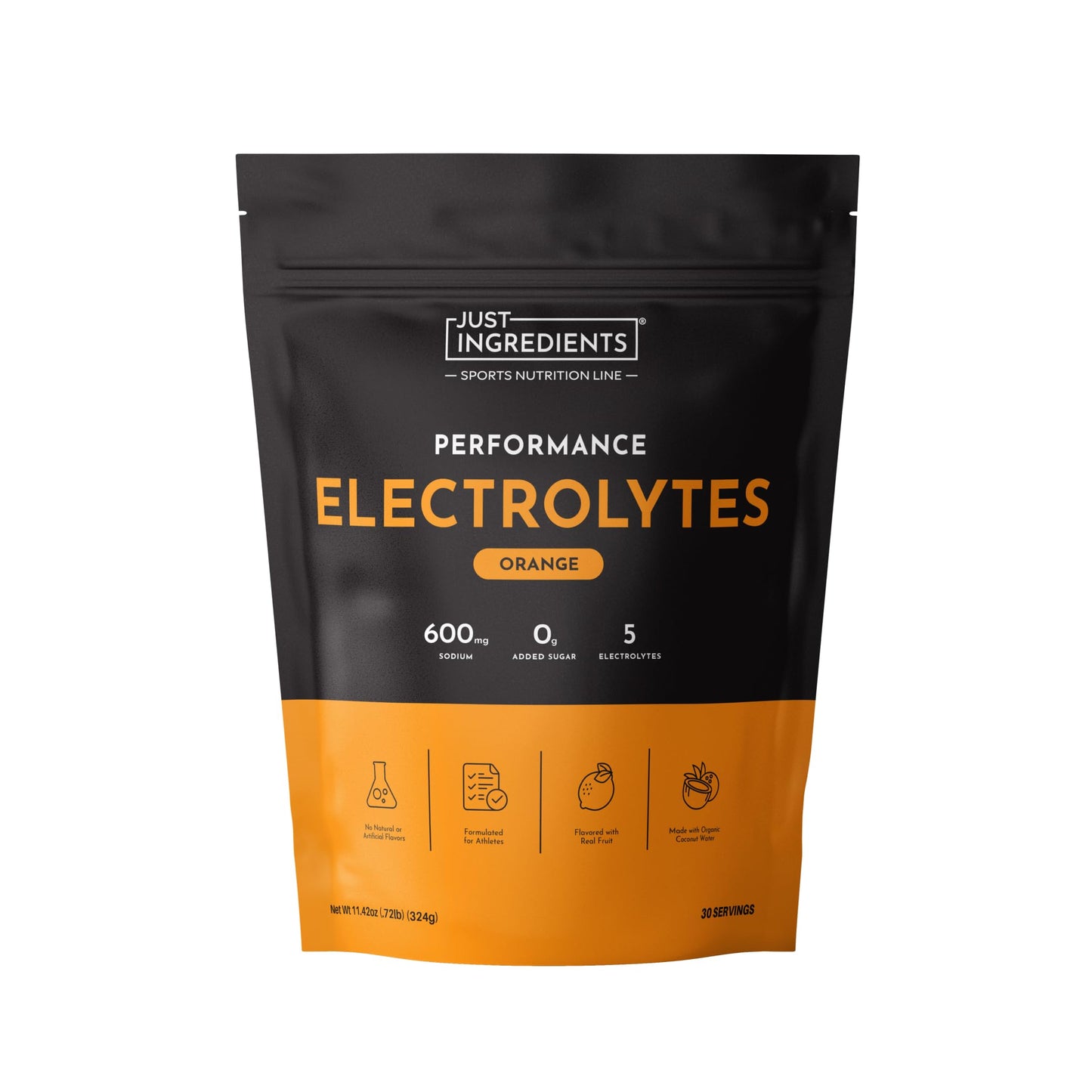 JUST INGREDIENTS Performance Electrolytes Powder Lemon Lime, 600mg Sodium with Organic Coconut Water, 30 Servings, Naturally Sweetened with Monk Fruit and Stevia, Flavored with Real Fruit, Non-GMO
