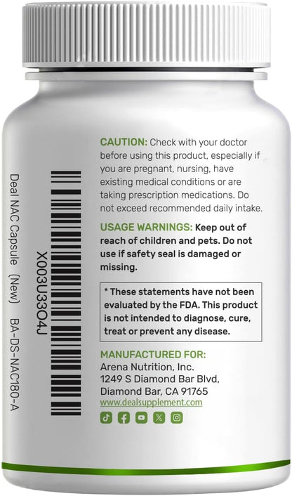 DEAL SUPPLEMENT NAC Supplement (N-Acetyl Cysteine) 1,000mg Per Serving with Reduced Glutathione, 240 Capsules – Antioxidant Support for Immune Health, Lung, & Liver Function