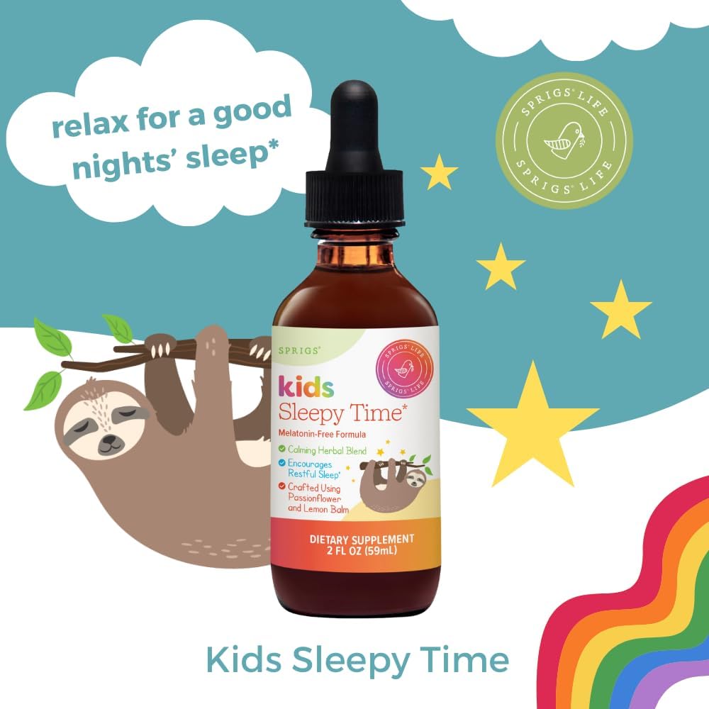 SPRIGS Kids Sleep Support Liquid, Melatonin Free Bedtime Drops for Children | Calming Herbal Blend with Passionflower, Lemon Balm & Chamomile | Natural Nighttime Relaxation Formula