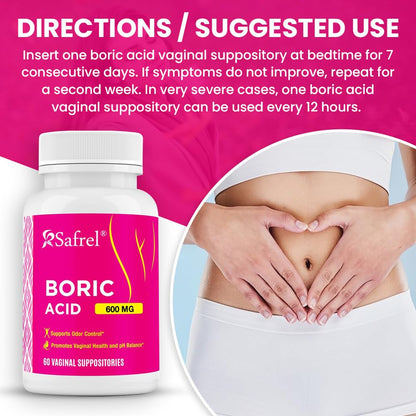 Safrel Boric Acid Vaginal Suppositories - 60 Count (1-Pack) – 100% Pure USA-Made, Supports Intimate