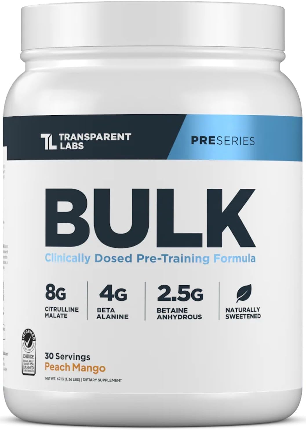 Transparent Labs Bulk Pre-Workout (30 Servings, Peach Mango) & BCAA Glutamine (30 Servings, Tropical Punch)