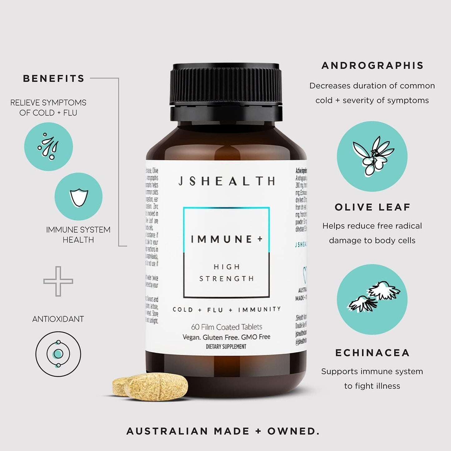 JSHealth Vitamins Immune + Immunity Booster Supplement, 60 Tablets | Made with with Zinc Vitamin C Echinacea and Olive Leaf Antioxidants