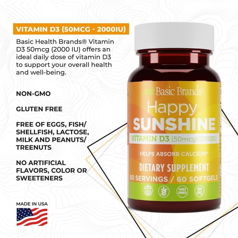 Basic Brands Happy Sunshine Vitamin D3 2000 IU | Gluten-Free, 60 Softgels