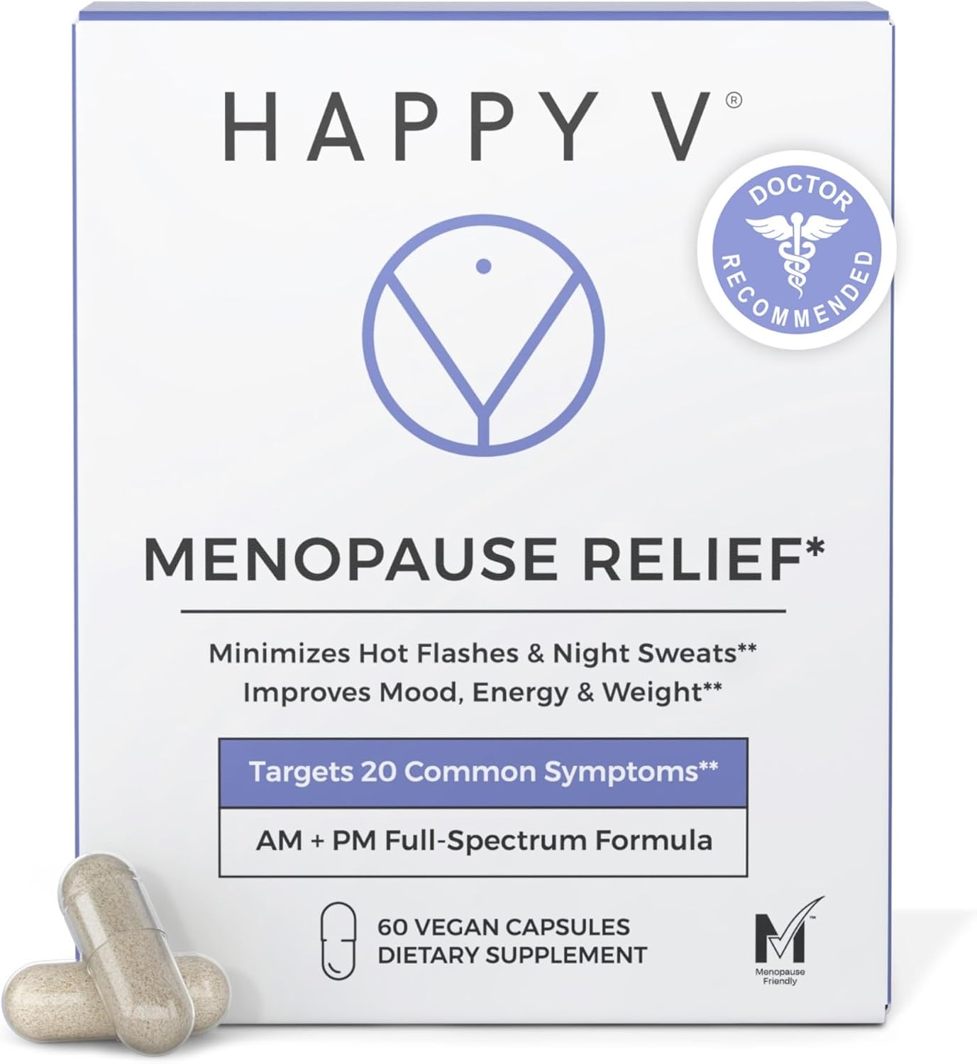 Happy V Menopause Relief Supplement for Women – Hormone Balance, Hot Flash & Night Sweat Support, Mood & Energy Booster, Vaginal Wellness, Perimenopause & Postmenopause Support – 60 Vegan Capsules