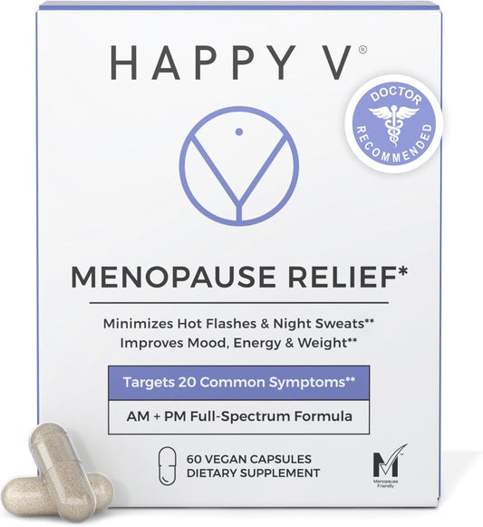 Happy V Menopause Relief Supplement for Women – Hormone Balance, Hot Flash & Night Sweat Support, Mood & Energy Booster, Vaginal Wellness, Perimenopause & Postmenopause Support – 60 Vegan Capsules